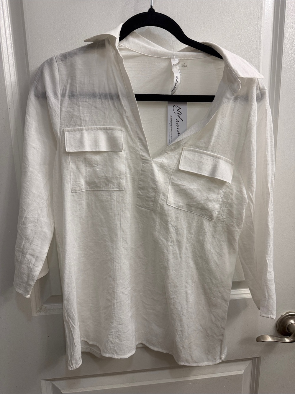 NY Collection White V-Neck Tunic with Patch Pockets